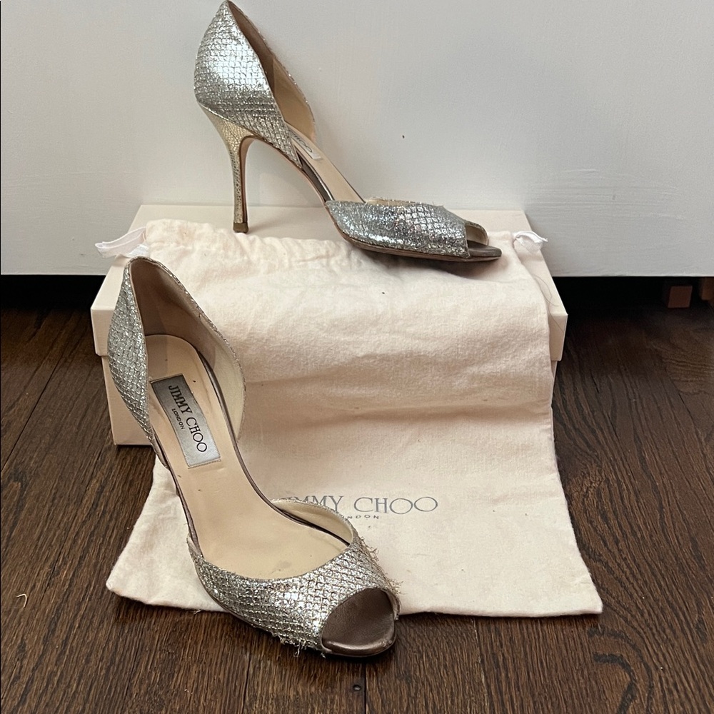 Jimmy Choo Shimmering Champagne Peep-Toe Heels